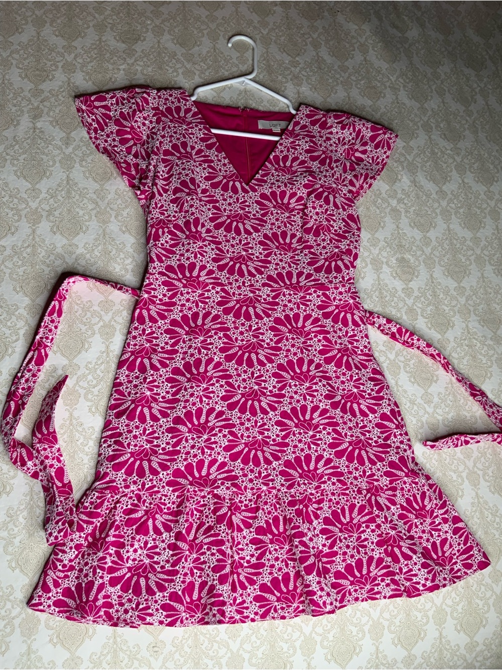 LOFT Pink White Floral Eyelet Midi Dress Women’s 2P